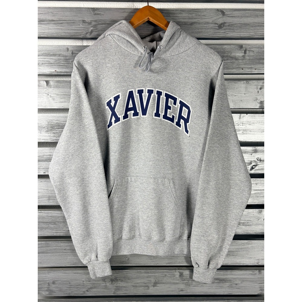Champion Xavier University Hoodie Mens Medium Gray Sweatshirt vtg NICE